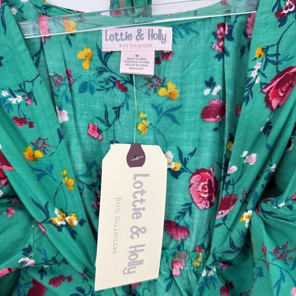 LOTTIE & HOLLY Floral Ruffled Dress M Green Square Neck Mini Spring NWT B81 - Picture 5 of 6